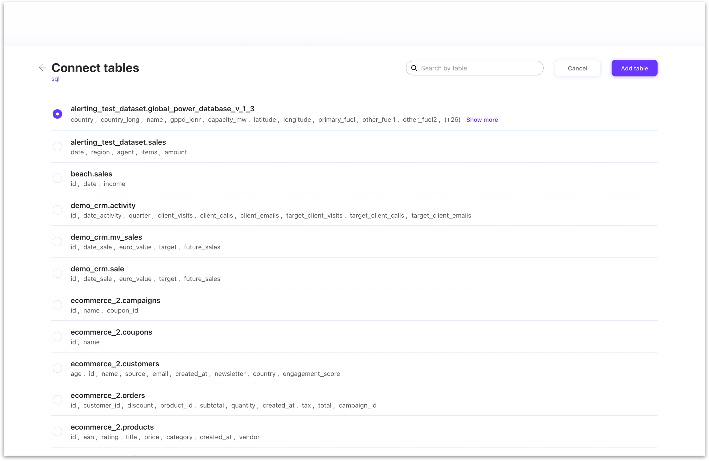 “Show more” disponibile nella fase di configurazione delle tabelle 1