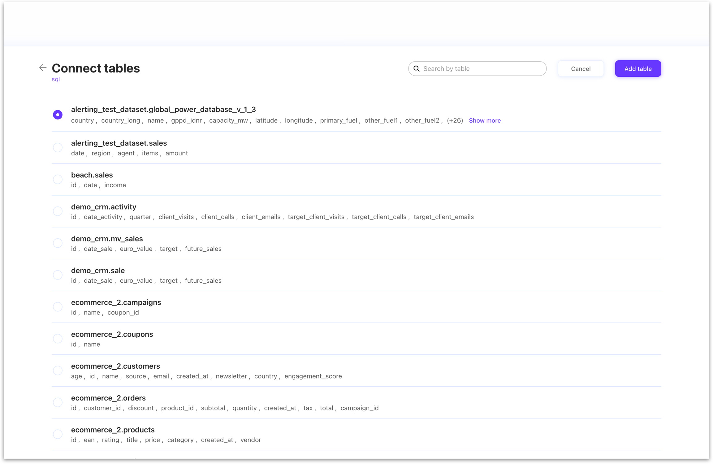 “Show more” available for big tables in the “Connect Table” step 1